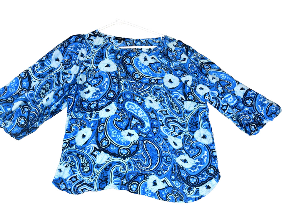 Talbots Top Womens Petite Large Paisley Blue Green 3/4 Sleeve Pullover Boho